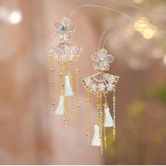 铜合金耳饰 【国风耳环】原创设计新中式显脸小扇子流苏耳环2490