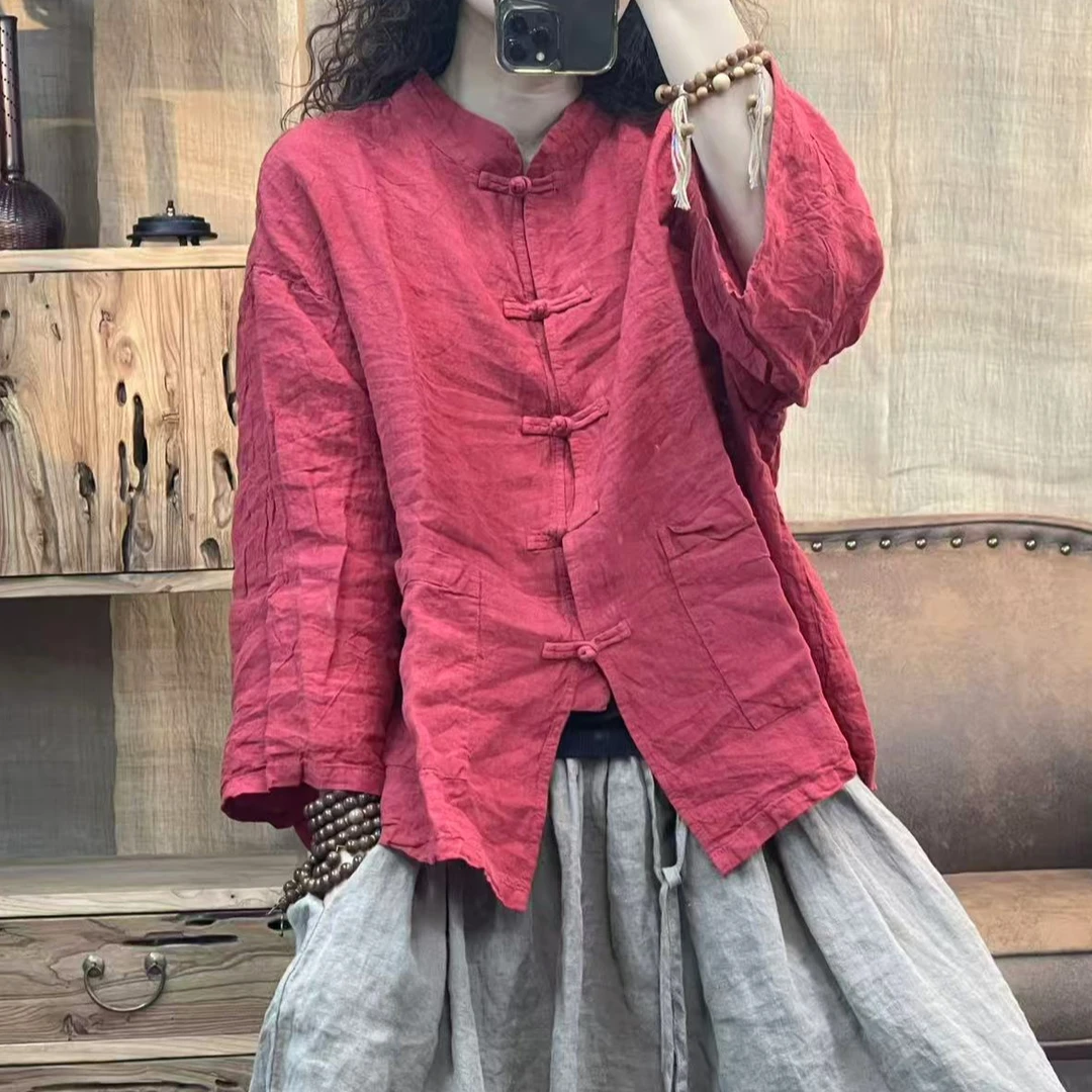 [四月阳光]新品夏季亚麻炒色复古盘扣休闲女士外套(长62胸围130)