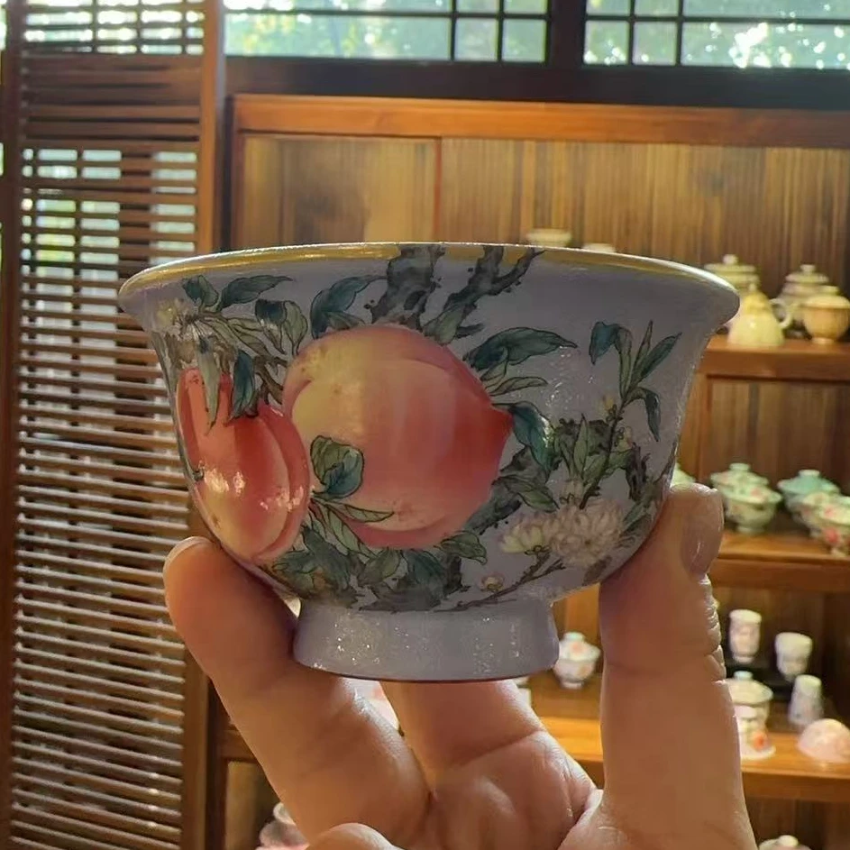 【珽珽溯源】溢珍堂 紫地扒花过墙五桃压手杯120cc 瓷器茶周边