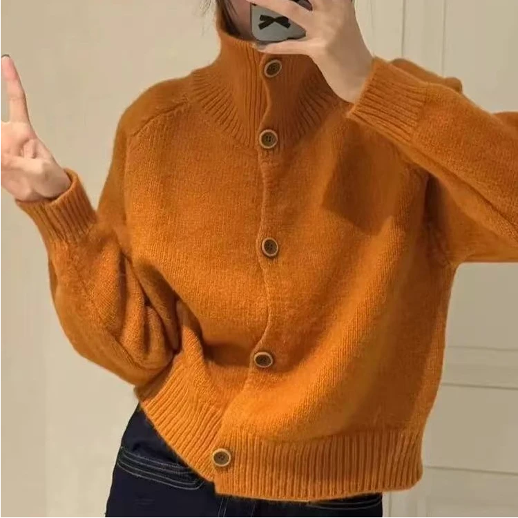 爆款秋冬季新款韩系复古棕扣高领针织衫高级感开衫【九】
