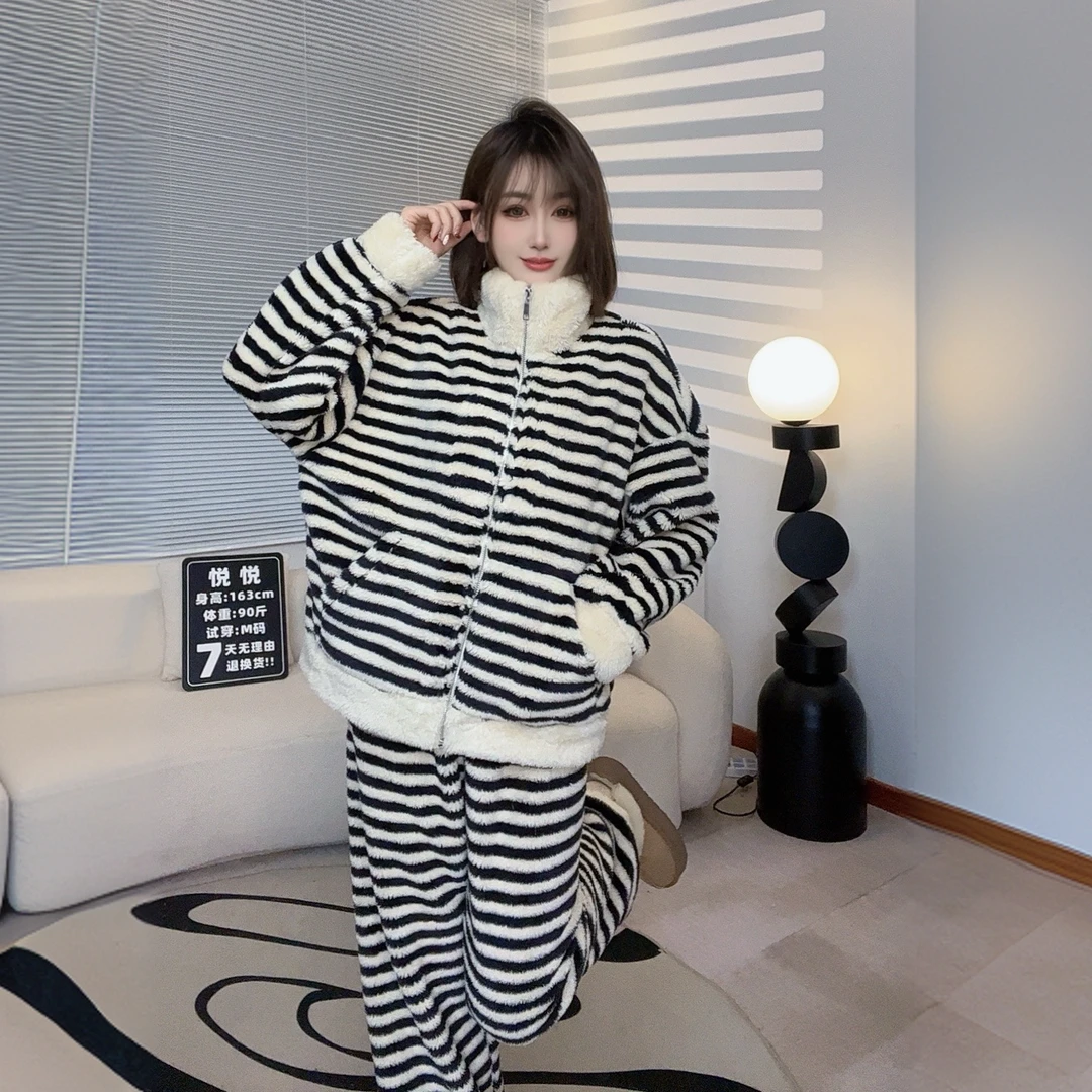 秋冬季条纹款长袖显瘦百搭宽松秋季休闲家居服套装