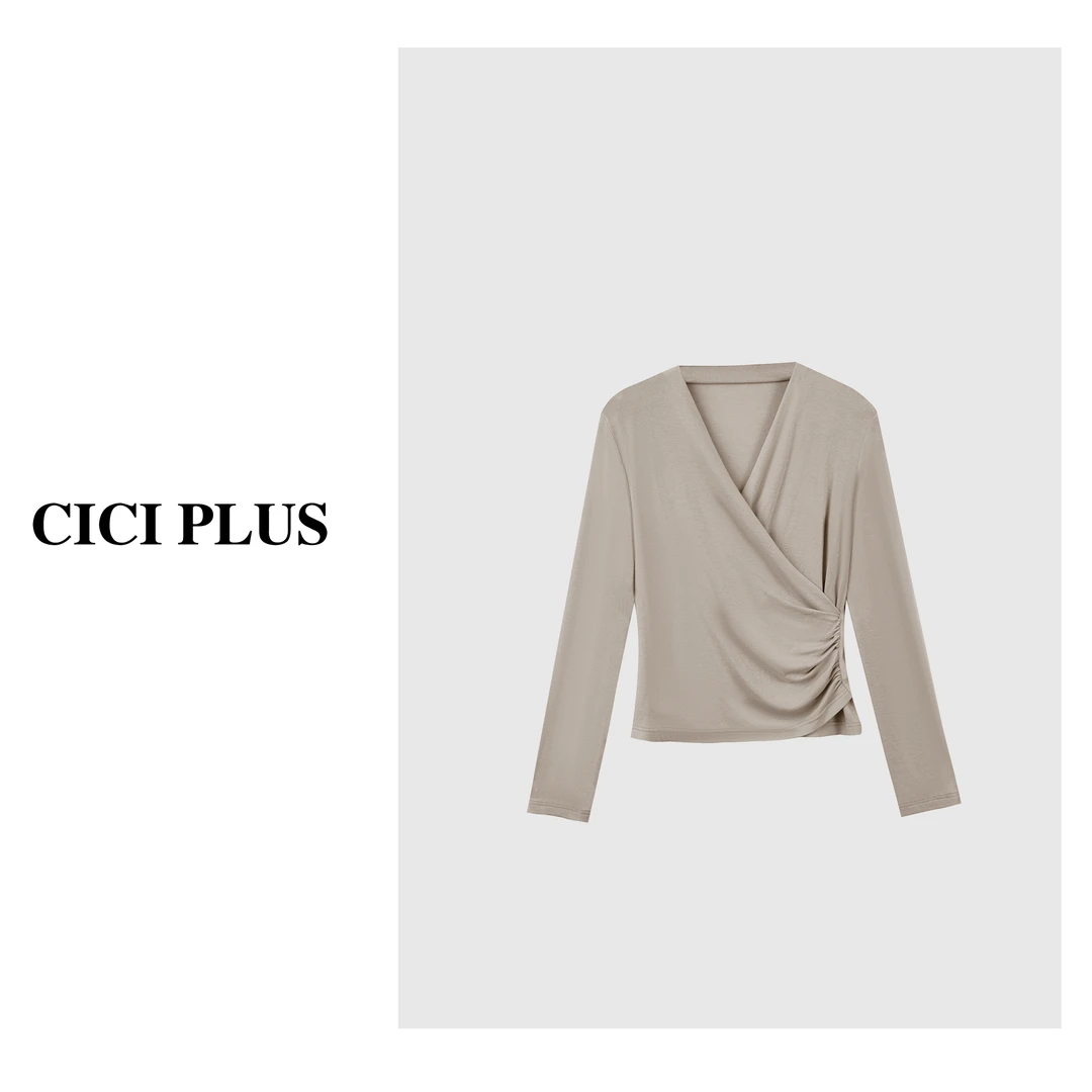 【CICI PLUS】 2025秋冬“山羊绒”简约设计交叉领T恤25C6373