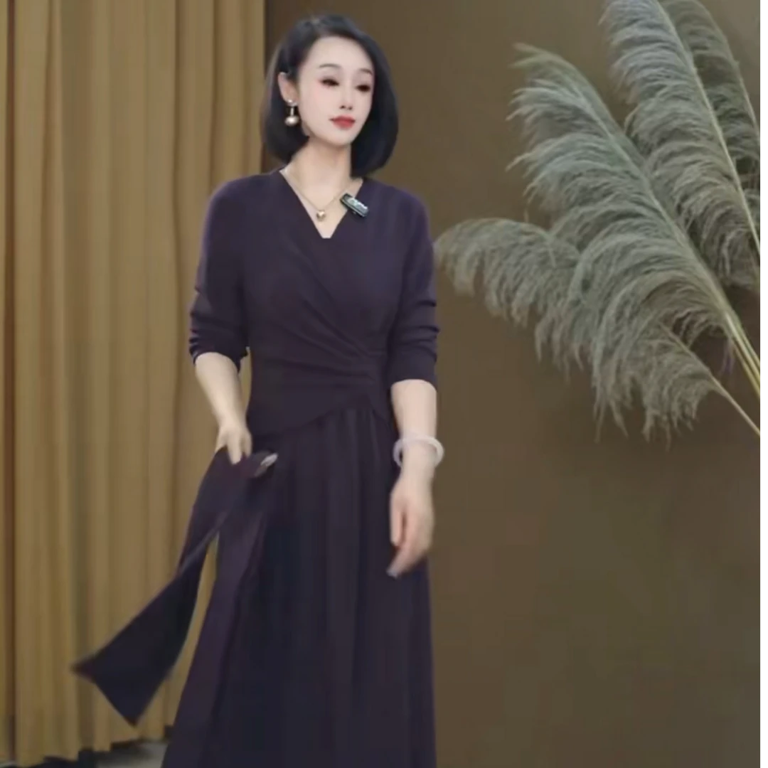 秋冬欧美风法式V领羊毛长款连衣裙围巾两件套