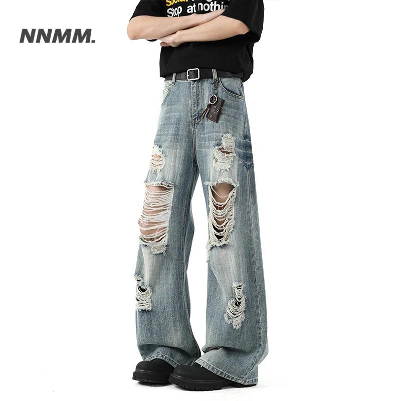 弯刀破洞牛仔裤美式夏季竹节纹阔腿裤男女同款2025新款爆款长裤子