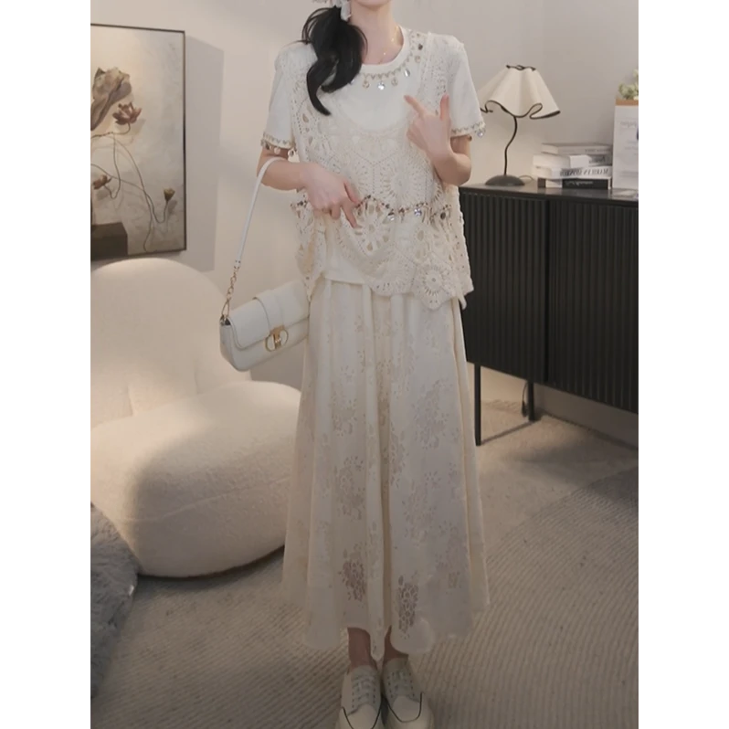 2025夏季新款设计感短袖T恤镂空马甲半身裙三件套时尚韩系小众女