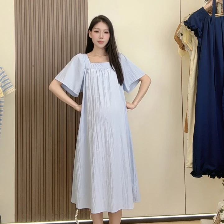 孕妇连衣裙夏季时尚2025简约孕妇裙子夏天泡泡袖薄款中长款裙潮妈