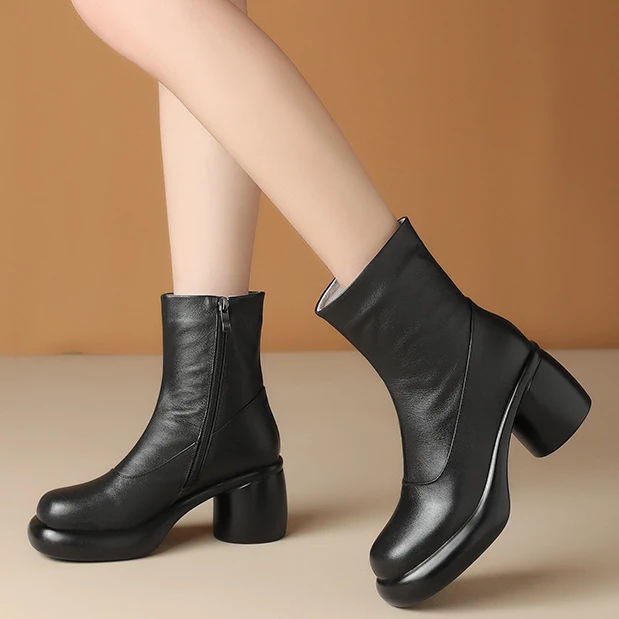 牛皮粗跟马丁靴秋冬季加绒厚底增高高跟防水台侧拉链女士显瘦单靴