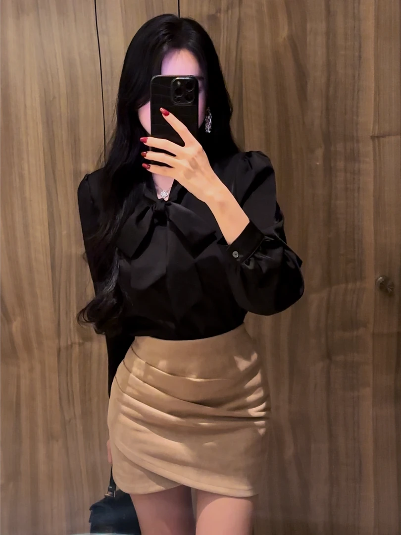 轻熟风气质百搭长袖衬衫女新款辣妹高级感蝴蝶结绑带