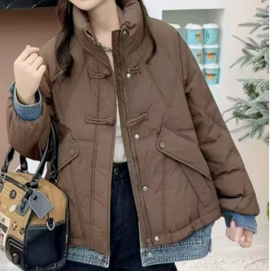 牛仔拼接立领棉服保暖外套女冬季新款时尚洋气减龄上衣6902