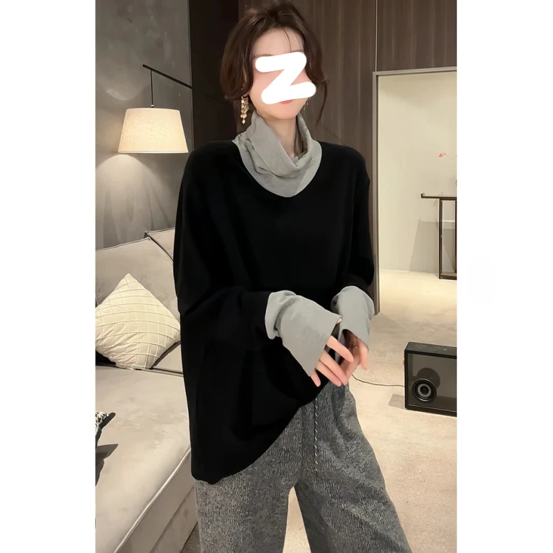 拼色堆堆领打底T恤女2025冬季大码胖MM磨毛绒感加厚宽松长袖上衣