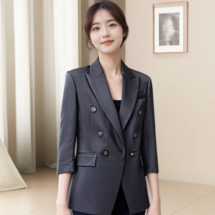 舒与石0086长袖上衣修身秋冬七分袖轻奢深蓝色西装常规