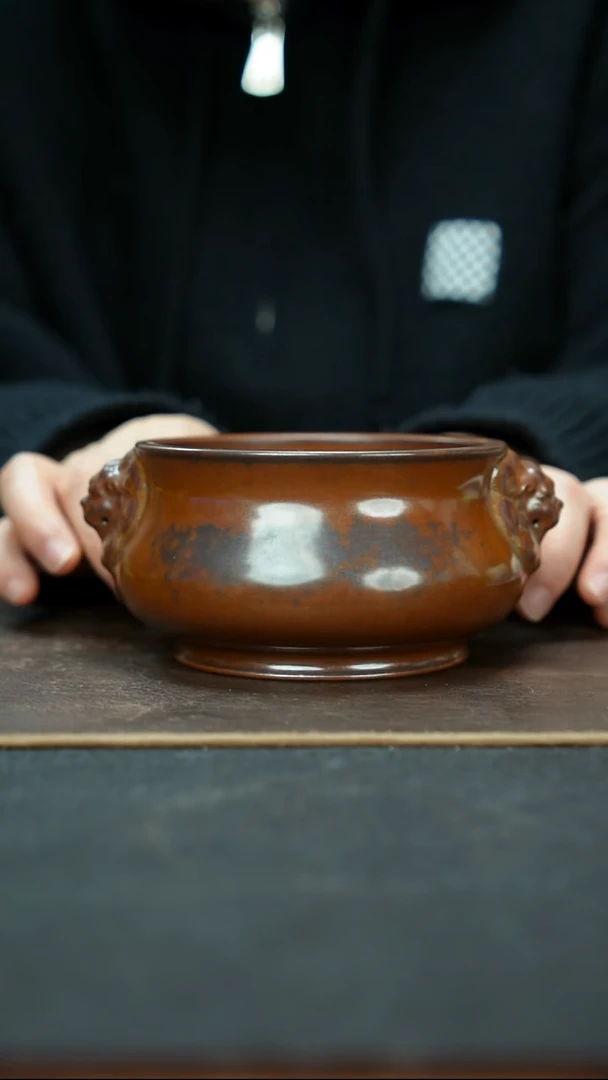 杯景德镇紫金釉双狮耳炉