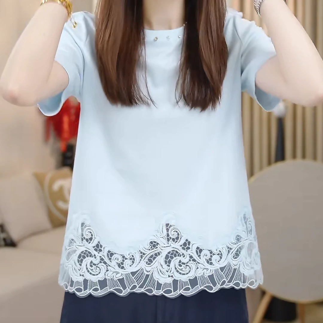 设计感蕾丝拼接上衣2025新款夏时尚气质点缀下摆镂空花边短袖T恤