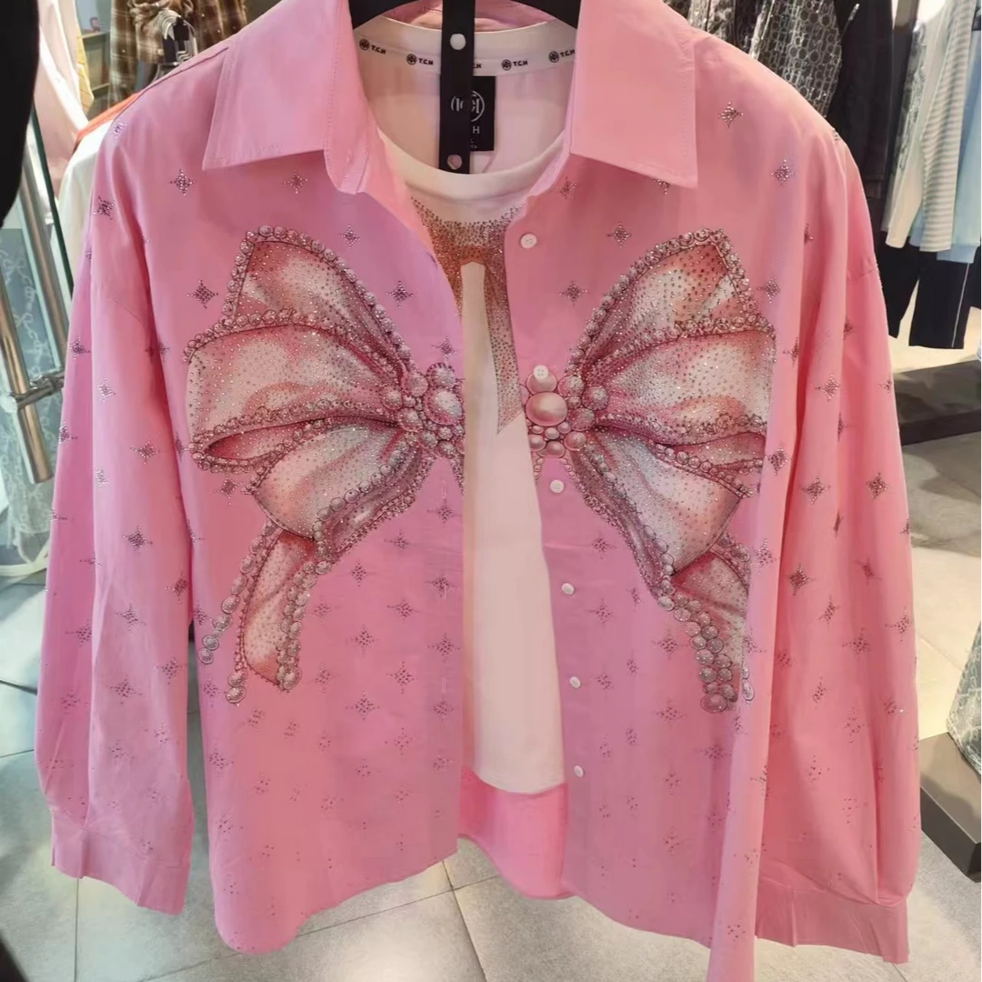 TCH轻奢烫钻工艺秋款时尚粉色蝴蝶长袖衬衣T75C13E9005私服tch