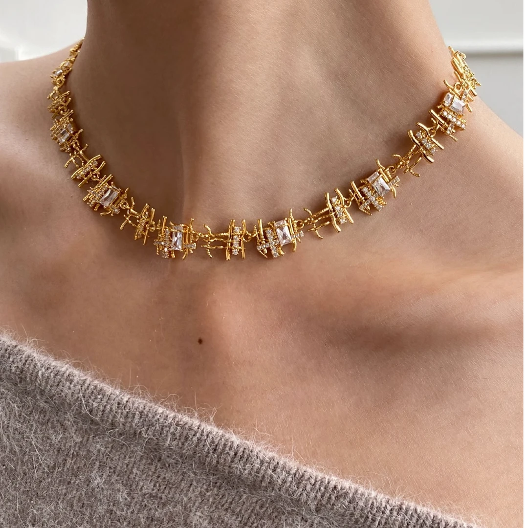 铜合金合成锆石项链 小众复古编织项链女新款爆款轻奢锁骨链