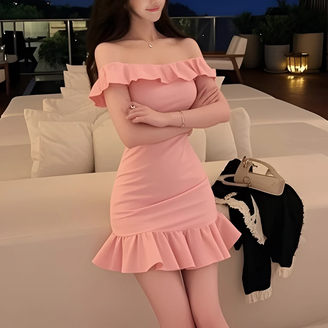夏季新款粉色木耳边一字肩连衣裙纯欲辣妹风鱼尾裙收腰显瘦裙子女
