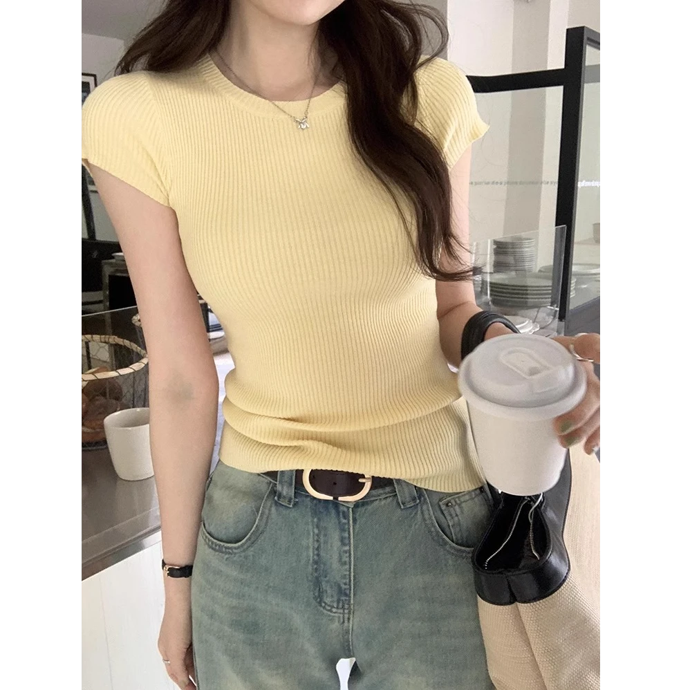 韩版套头圆领修身短袖T恤女2025夏季新款紧身显瘦浅黄色针织上衣
