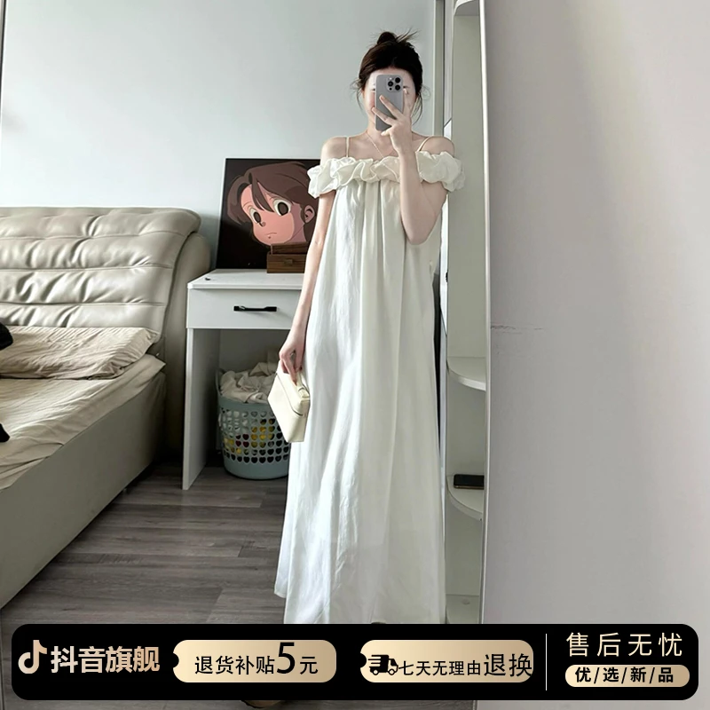 法式气质白色一字肩吊带连衣裙子女夏季2025新款海边度假露肩长裙