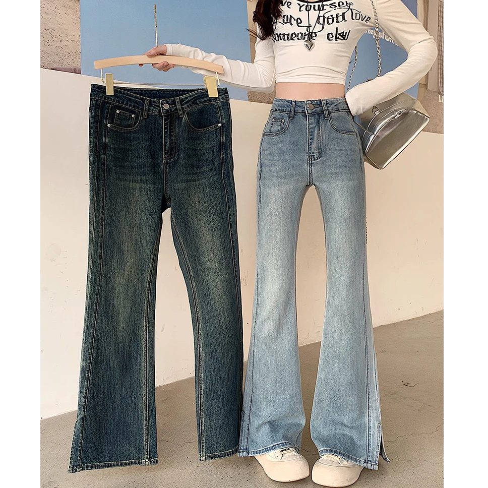 大码美美哒复古美式微喇牛仔裤女爆款春季高腰显瘦开叉长裤