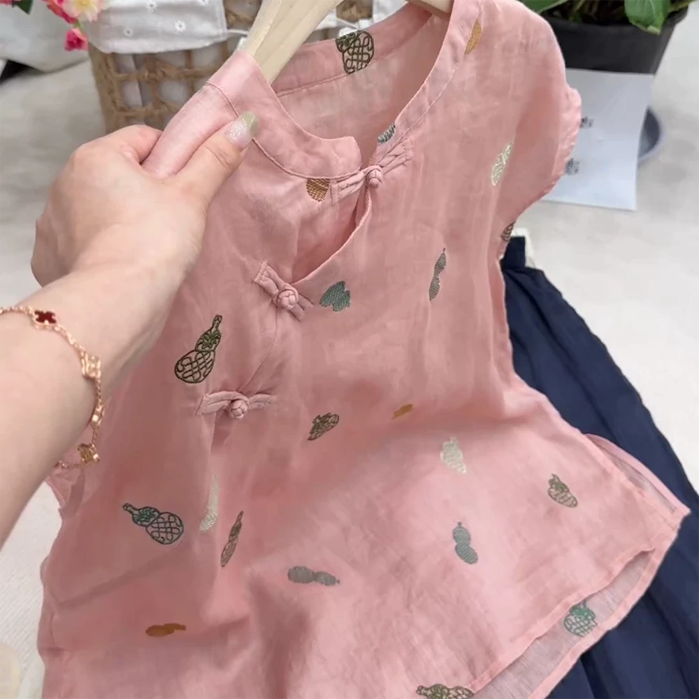 【福禄双全】斜襟苎麻小衫盘扣葫芦刺绣衬衫女上衣新中式C5369