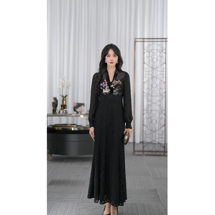 SUSSI古色25早春新品V领灯笼长袖贴花鱼尾连衣裙111AY306341