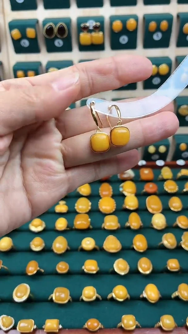 琥珀银S925镀金镶嵌耳饰精品耳钩