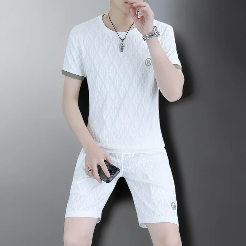 夏季冰麻短袖套装男2025新款潮牌休闲透气薄款男士高端提花短裤潮