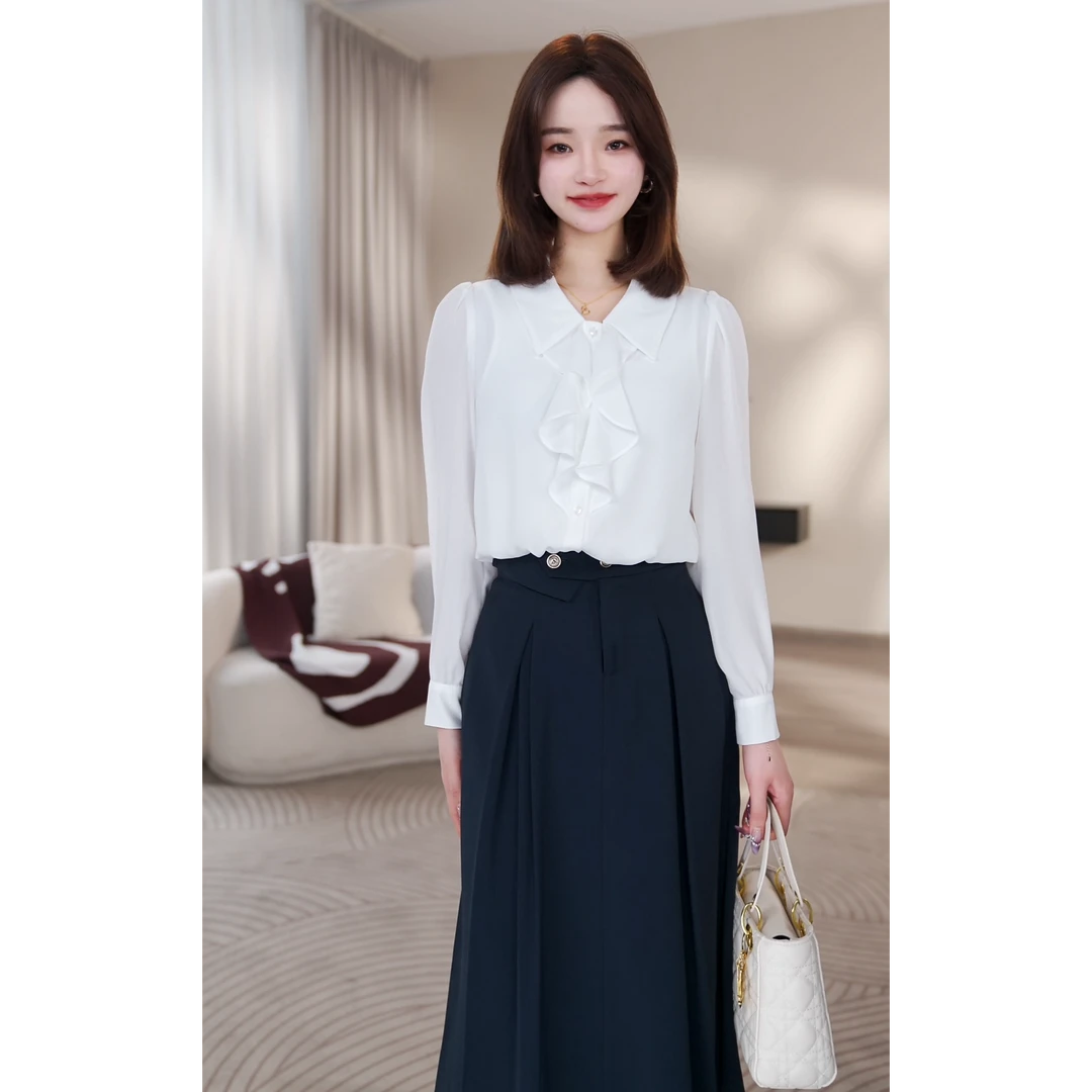 【曼贝】白色长袖衬衫女小众新款V领职业通勤衬衣8491270A【佳莹】