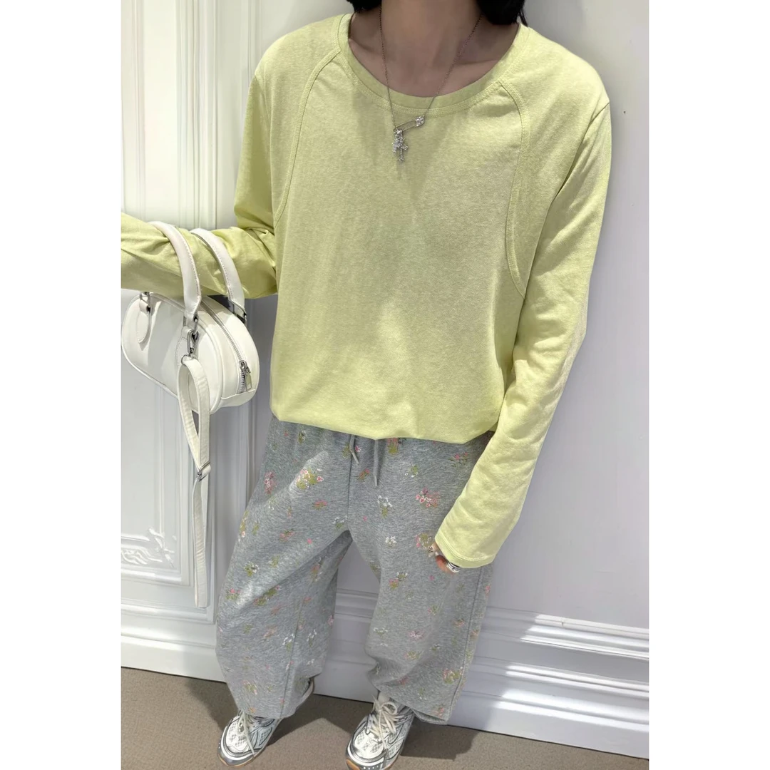 大宝家圆领长袖T恤衫简约大码女装宽松遮肚子百搭休闲上衣81113