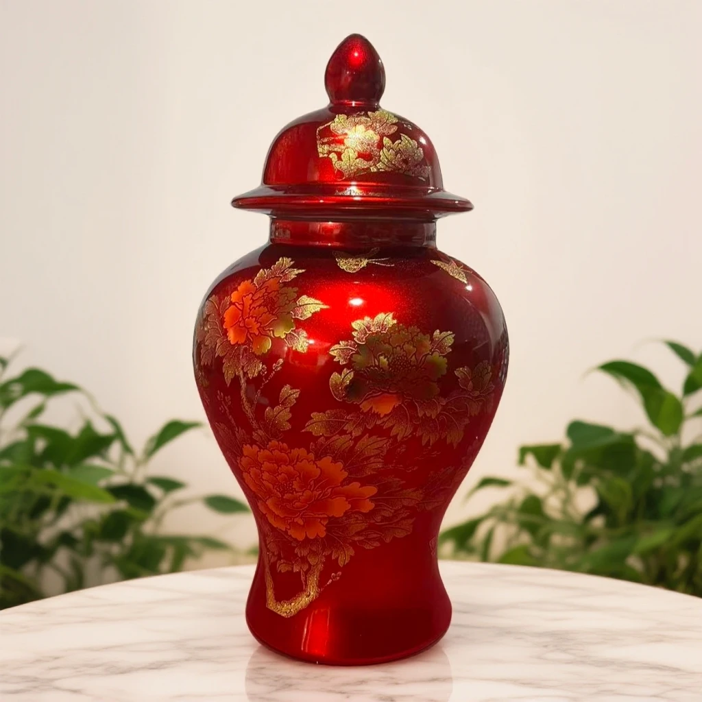 高度37肚径21景德镇陶瓷中国红牡丹花将军罐260