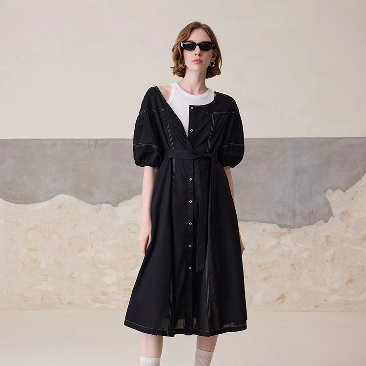 MSLAN100棉圆领气质分割撞色线五分袖收腰显瘦中长连衣裙MFBE4148