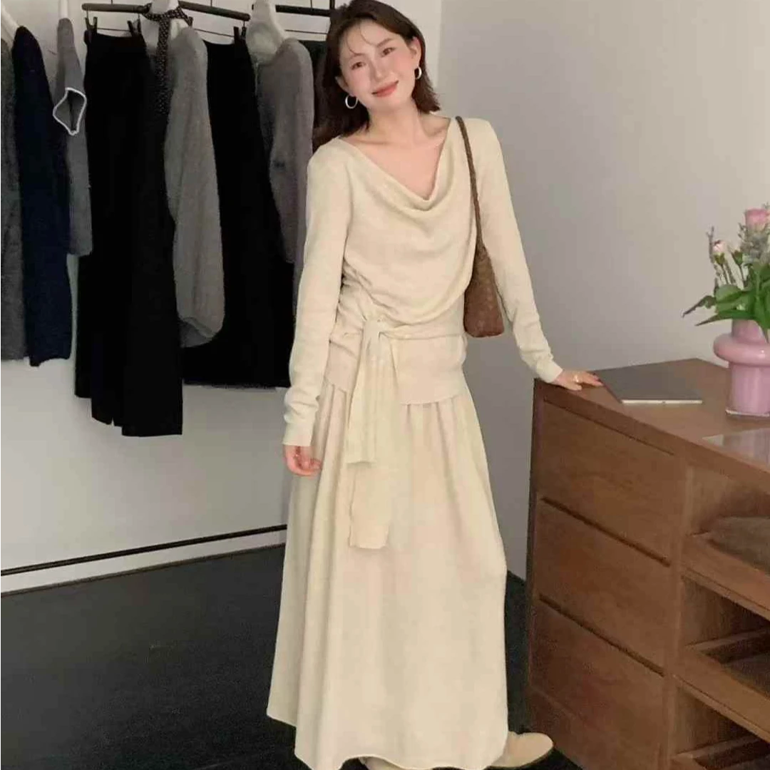 韩系设计感气质简约荡领系带针织上衣半身裙二件套女秋冬整套穿搭