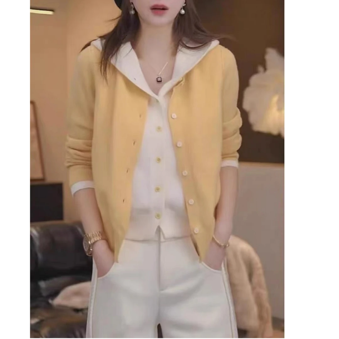 3877女装2025春季新款时尚百搭洋气显瘦连帽假两件毛衣针织开衫女