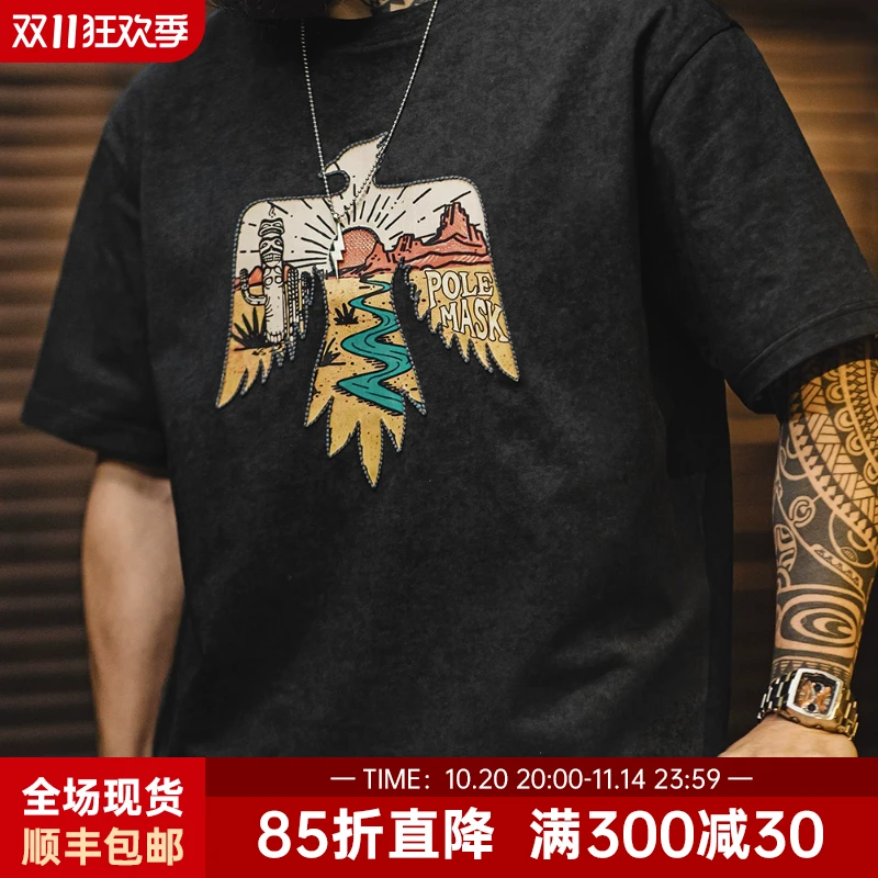马登工装美式复古印第安雷鸟T恤棉重磅民族风刺绣印花短袖男夏季