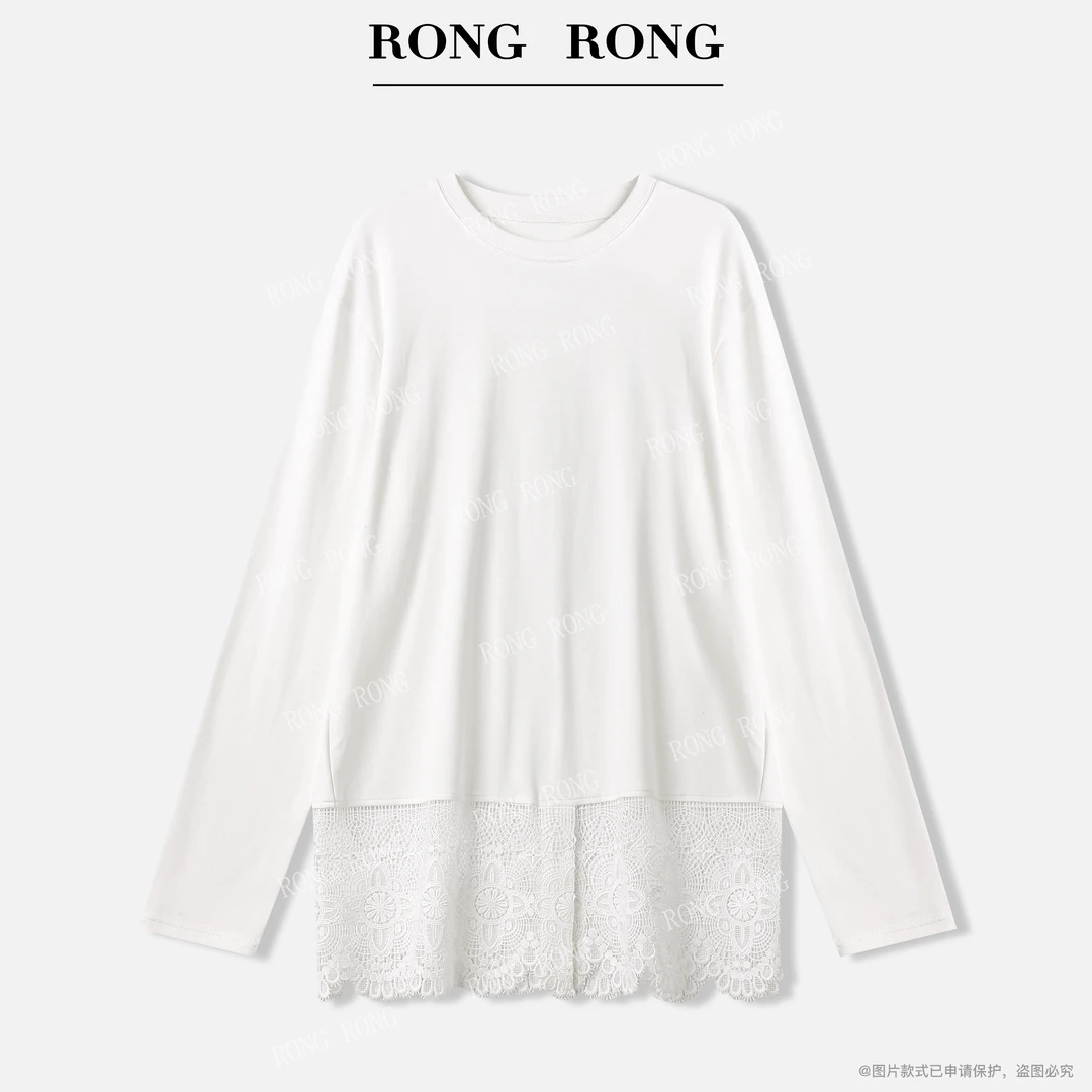 溶溶S【白茶栀子】RONGRONG 简约蕾丝花边拼接下摆长袖T恤F26QT5078