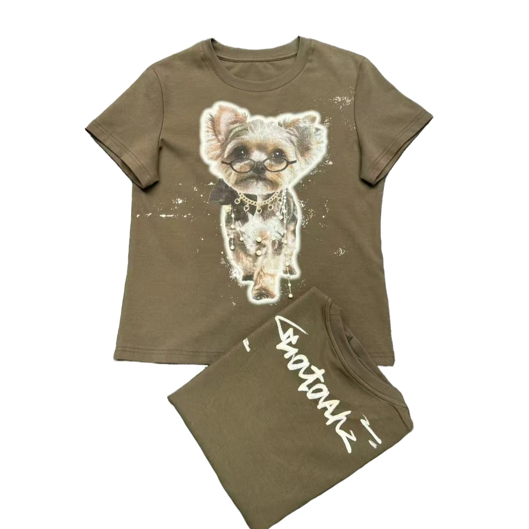 休闲卡通狗狗钉珠圆领T恤278