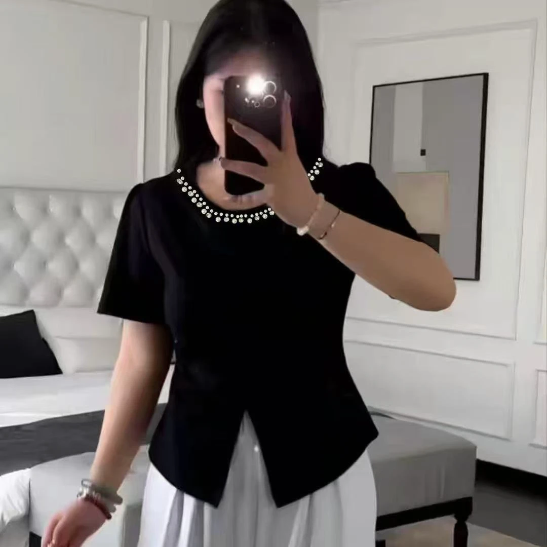 2781大码设计感重工珍珠正肩圆领短袖t恤女夏季不规则绝小上衣