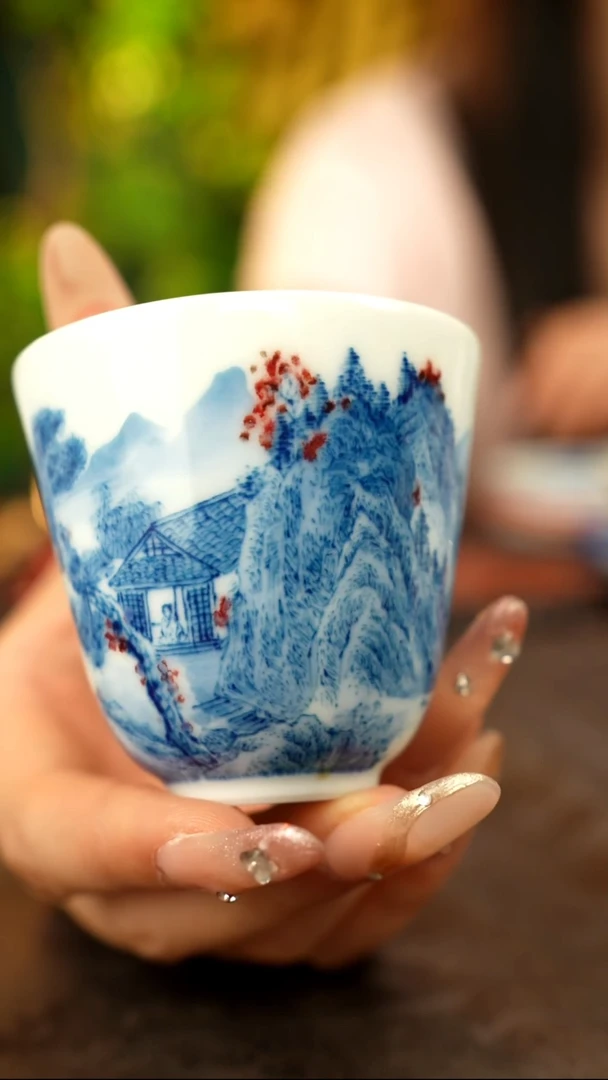 谢凯青花手绘山水主人杯