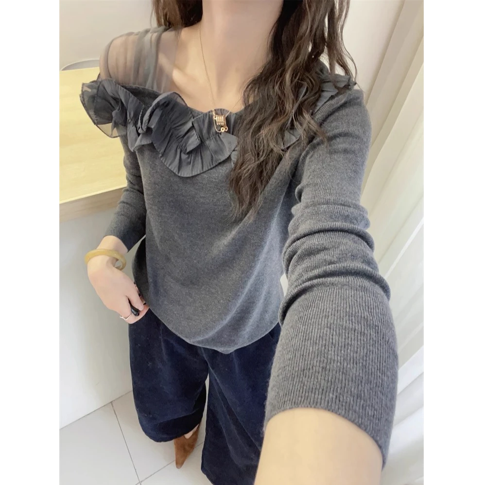 韩系斜领露肩网纱拼接长袖针织衫女2025秋季新款修身显瘦百搭上衣