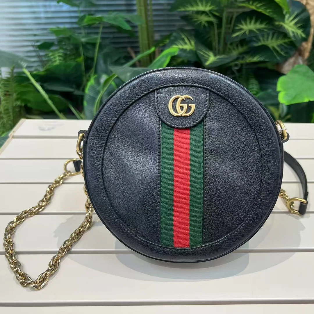 95新 GUCCI/古驰  单肩包 Ophidia 黑色圆饼包拼红绿条纹/NM
