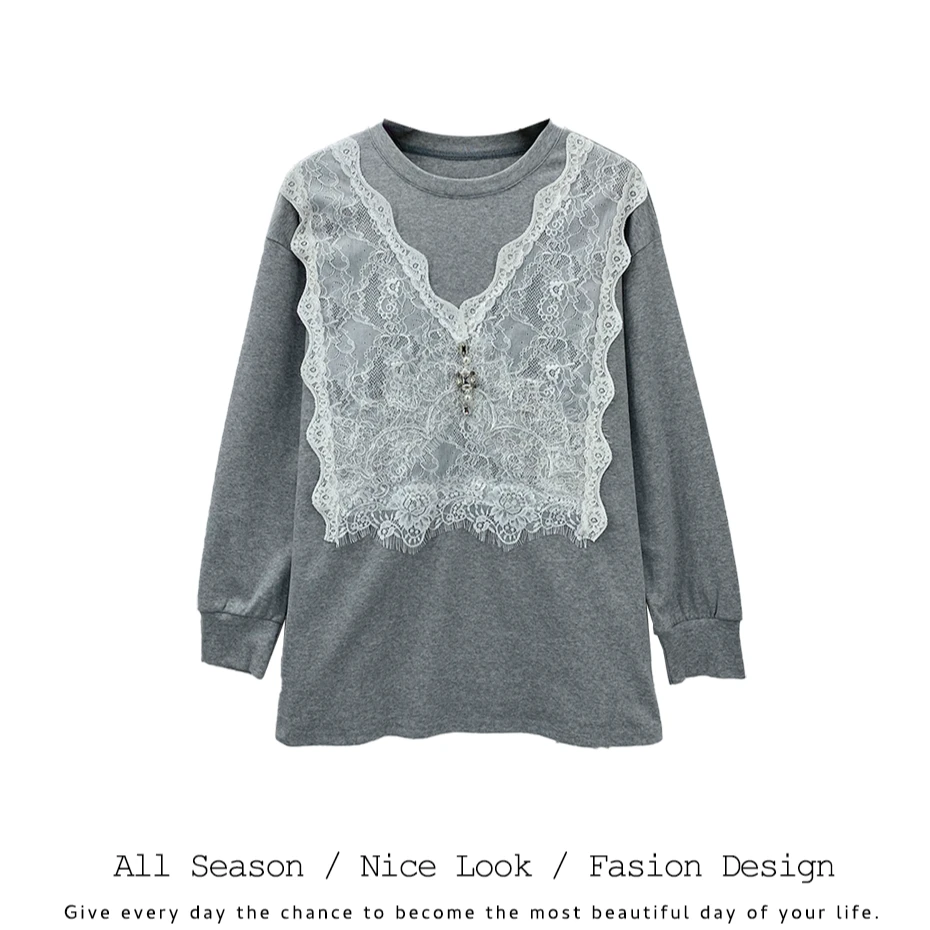 913    时尚灰色拼接白色蕾丝花边宽松百搭圆领长袖    款号#8212