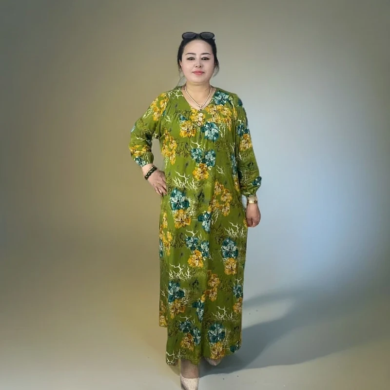 民族风显瘦女装长袖宽松套头立领连衣裙V领春季国风法式印花碎花