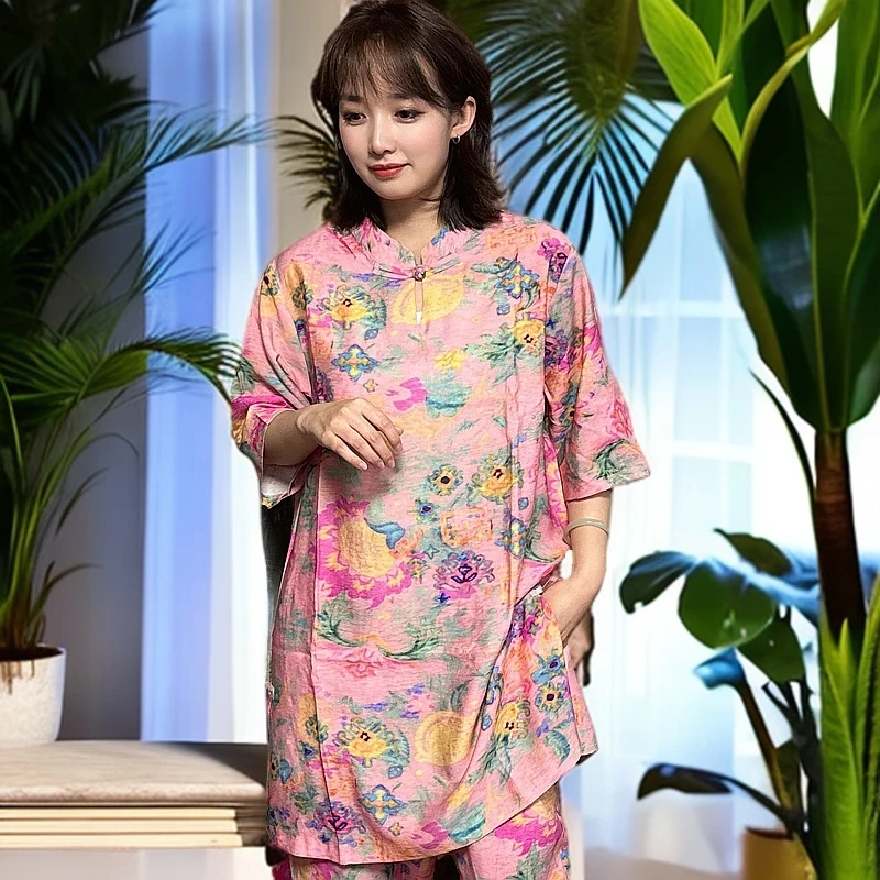 时尚套装2025夏季新款天丝棉麻花色大衫九分裤中老年妈妈休闲套装