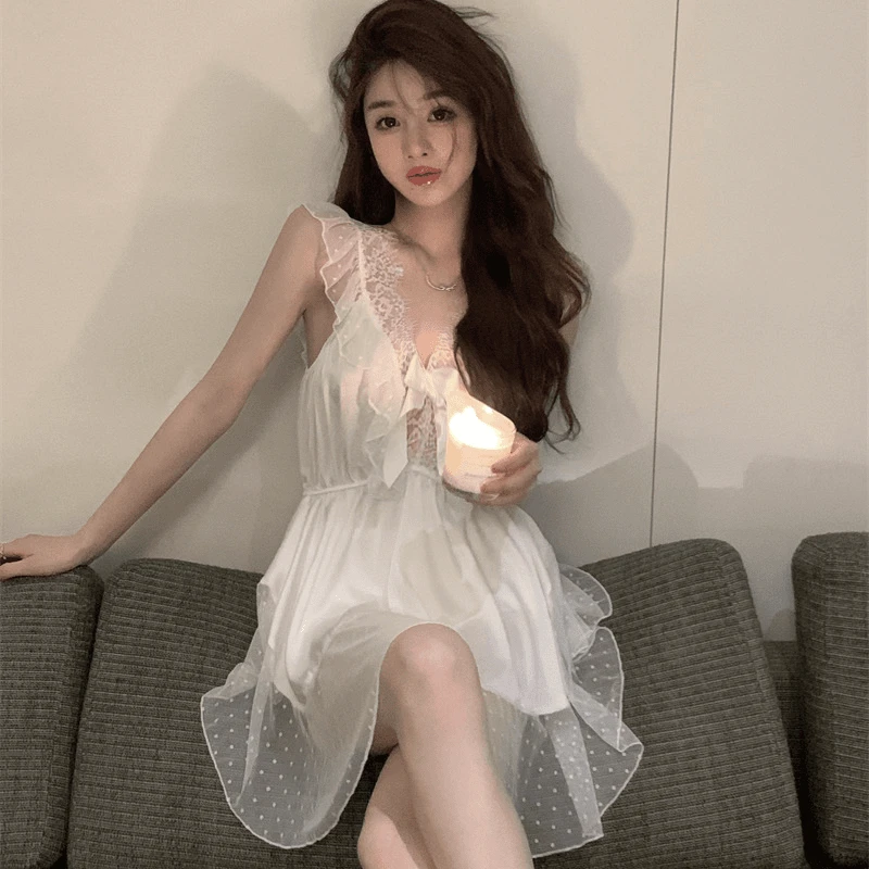 情侣趣味白色睡衣女秋季蕾丝薄款吊带睡裙短款蕾丝睡裙蕾丝睡裙