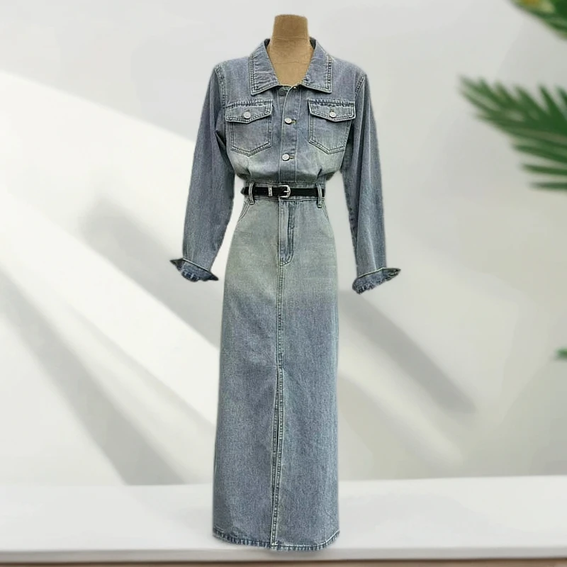 S8055-1复古渐变色牛仔连衣裙女2024秋季新款收腰显瘦开叉连衣裙