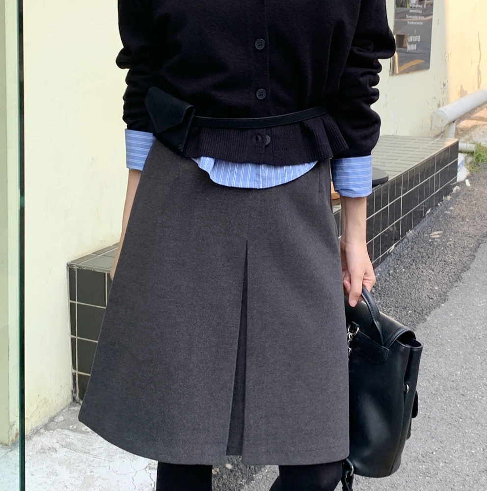 法式高腰纯色A型不起球半身裙时尚百搭A字中长款胖mm显瘦毛呢裙子