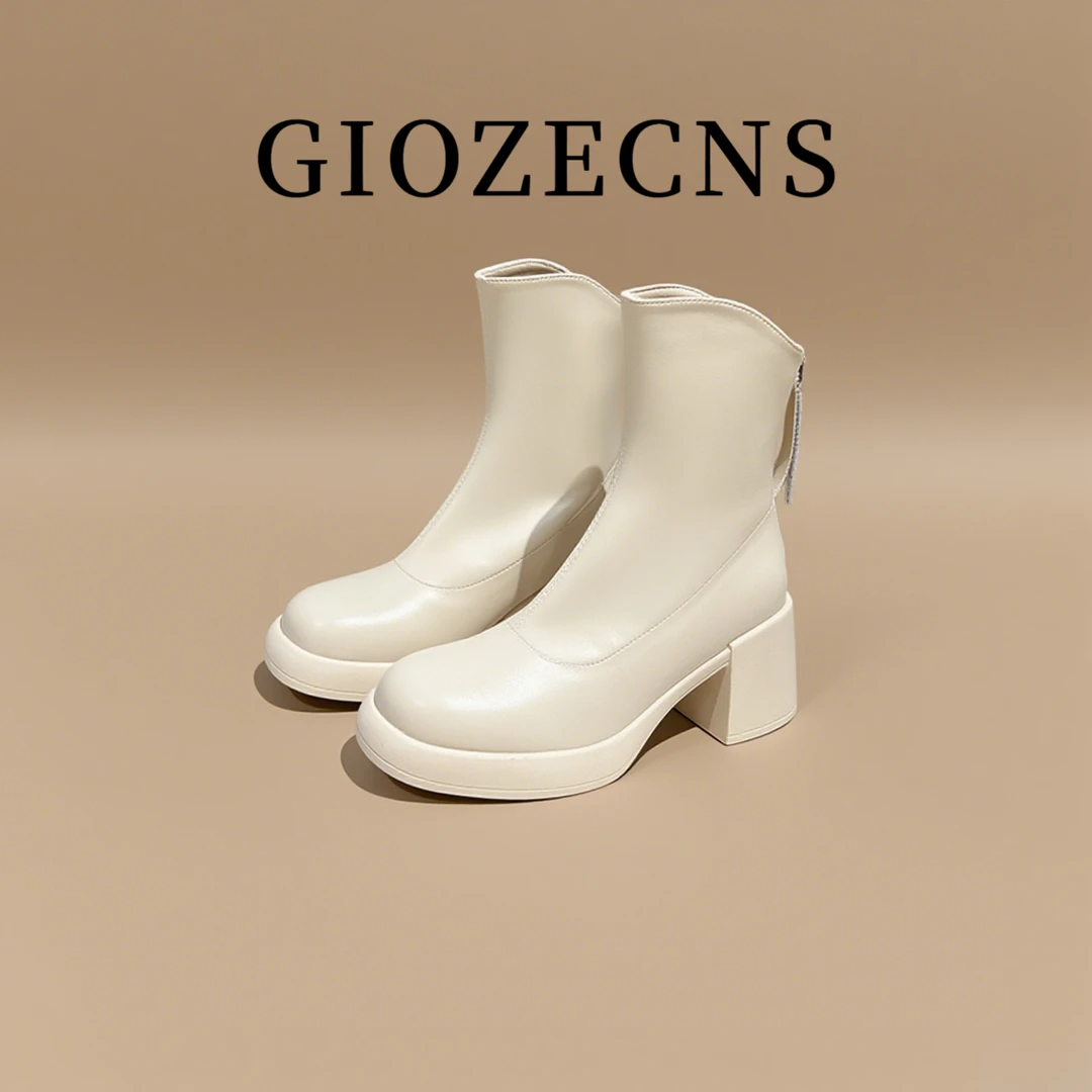 【琥珀流光】粗跟高跟鞋靴女秋季厚底百搭休闲鞋简约气质轻奢马丁靴