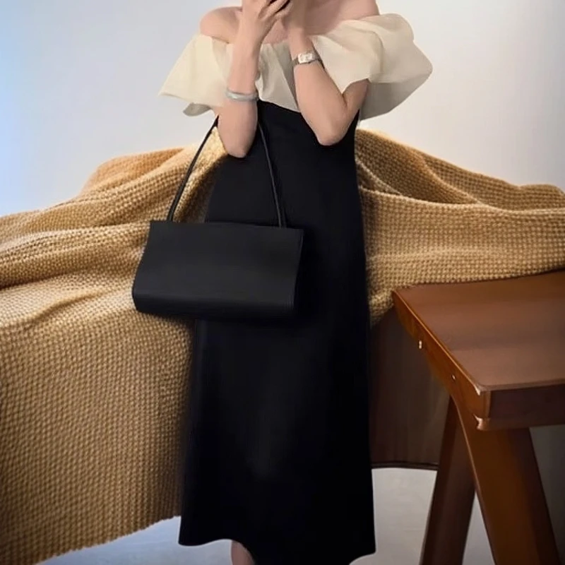 夏季一字肩长裙显瘦气质时尚中长款赫本风方领辣妈加宽加大女装