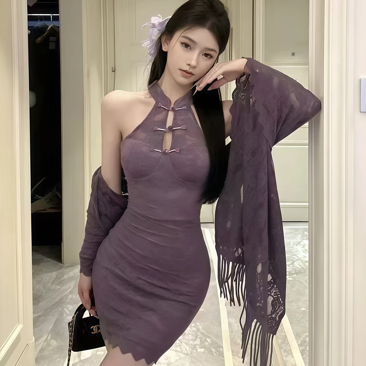 新中式盘扣露肩连衣裙外搭披肩女新款修身显瘦辣妹包臀裙套装