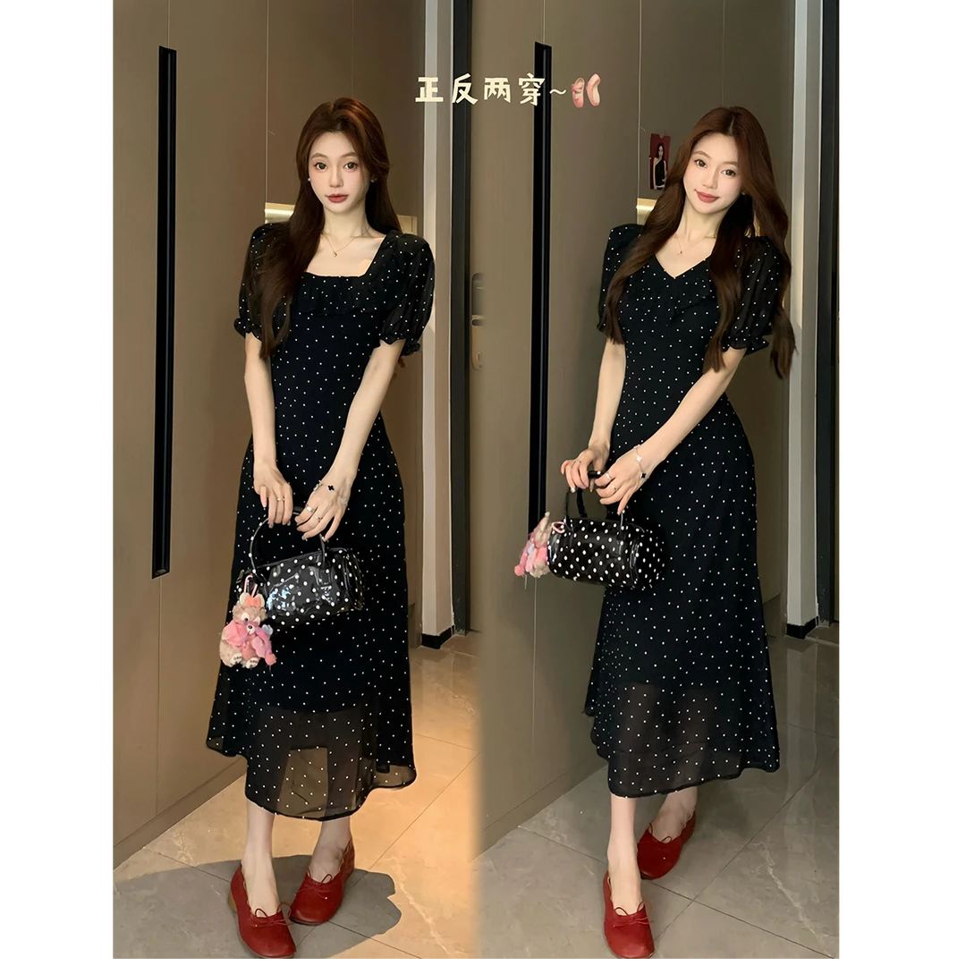 大码法式甜美风波点连衣裙高级感赫本风显瘦前后两穿A字裙3211
